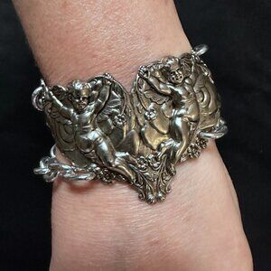 Cherub Angel Cuff Bracelet Victorian Silver Repoussé Cupid Angels Christmas Gift